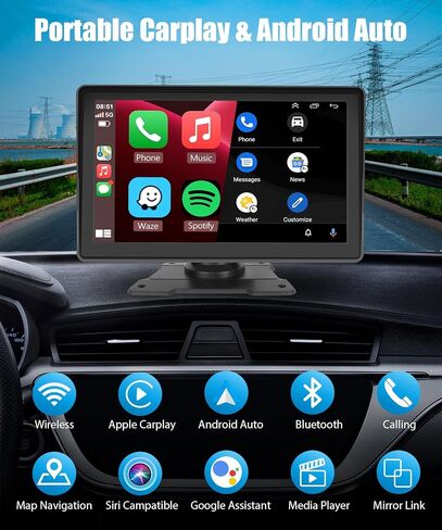 حامل لوحة قيادة ستيريو محمول من Apple Car Play، شاشة Carplay لاسلكية لتوصيل السيارة مع Android Auto، podofo 7 بوصة IPS تعمل باللمس، جهاز استقبال صوت السيارة، بلوتوث GPS للملاحة AUX، كابل USB/TF مدخل فيديو in Saudi Arabia