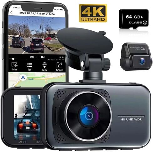 كاميرا 4K Full UHD 2 في 1 أمامية وخلفية داش كام شاشة 3 بوصة واي فاي لوحة قيادة مزدوجة للسيارة كاميرا مراقبة للسيارة مسجل فيديو 170 درجة زاوية واسعة كشف الحركة مستشعر G شاشة وقوف السيارات WDR رؤية ليلية 64 جيجابايت in Kuwait