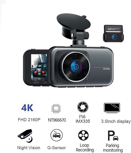 كاميرا 4K Full UHD 2 في 1 أمامية وخلفية داش كام شاشة 3 بوصة واي فاي لوحة قيادة مزدوجة للسيارة كاميرا مراقبة للسيارة مسجل فيديو 170 درجة زاوية واسعة كشف الحركة مستشعر G شاشة وقوف السيارات WDR رؤية ليلية 64 جيجابايت in Kuwait