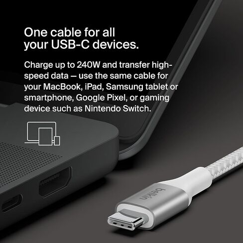 كابل طاقة Belkin BoostCharge USB-C إلى USB-C (2 متر، 6.6 قدم)، كابل شحن سريع مع توصيل طاقة 240 واط، معتمد USB-IF، متوافق مع MacBook Pro وChromebook وSamsung Galaxy وiPad والمزيد - أسود in Saudi Arabia