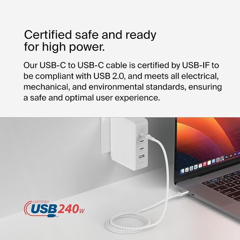 كابل طاقة Belkin BoostCharge USB-C إلى USB-C (2 متر، 6.6 قدم)، كابل شحن سريع مع توصيل طاقة 240 واط، معتمد USB-IF، متوافق مع MacBook Pro وChromebook وSamsung Galaxy وiPad والمزيد - أسود in Saudi Arabia