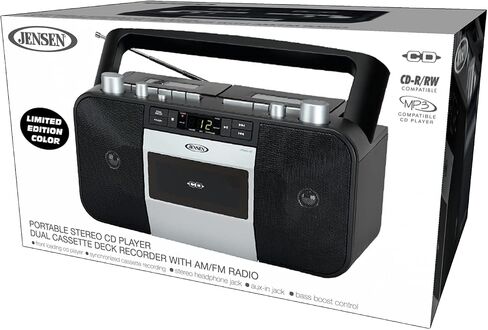 Jensen MCR-1500 Vintage Stereo Portable CD/MP3 Dual Cassette Deck Recorder Boombox, LED Display, AM/FM Radio, Bass Boost (Exclusive) (Platinum Silver) in Saudi Arabia