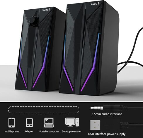 زوو شي مكبرات صوت للكمبيوتر المكتبي 2.0 قناة هاي فاي ستيريو للالعاب مع اوضاع اضاءة LED ملونة، صوت جهوري محسن وتحكم سهل الوصول في مستوى الصوت، يعمل بمنفذ USB مع مدخل AUX 3.5 ملم in Kuwait