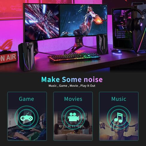 زوو شي مكبرات صوت للكمبيوتر المكتبي 2.0 قناة هاي فاي ستيريو للالعاب مع اوضاع اضاءة LED ملونة، صوت جهوري محسن وتحكم سهل الوصول في مستوى الصوت، يعمل بمنفذ USB مع مدخل AUX 3.5 ملم in Kuwait