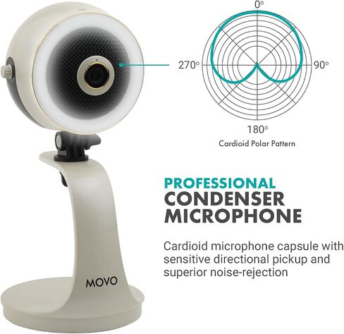 Movo WebMic HD Pro All-in-One Webcam with Microphone and Ring Light- 1080p HD Camera, Pro Cardioid Condenser Microphone, LED Ring Light -HD Webcam for Streaming, Video Conferencing, Recording, Gaming in Saudi Arabia