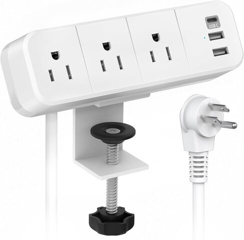 Desk Clamp Power Strip with 2 USB-A and 1 USB-C Ports, 3 AC Outlets, 6ft Cord, Fits 1.6-inch Tabletop Edge, Desk Mount Charging Power Station, Desk Surge Protector, Office Organizers for Desk in Saudi Arabia