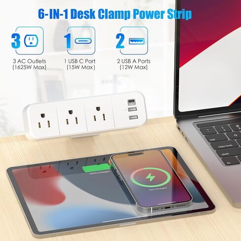 Desk Clamp Power Strip with 2 USB-A and 1 USB-C Ports, 3 AC Outlets, 6ft Cord, Fits 1.6-inch Tabletop Edge, Desk Mount Charging Power Station, Desk Surge Protector, Office Organizers for Desk in Saudi Arabia