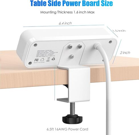 Desk Clamp Power Strip with 2 USB-A and 1 USB-C Ports, 3 AC Outlets, 6ft Cord, Fits 1.6-inch Tabletop Edge, Desk Mount Charging Power Station, Desk Surge Protector, Office Organizers for Desk in Saudi Arabia