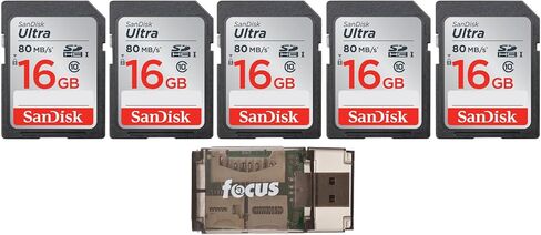 SanDisk Ultra 16GB Class SD Memory Card (5-Pack) with Focus All-In-One High Speed USB Card Reader Bundle (6 Items) in Saudi Arabia