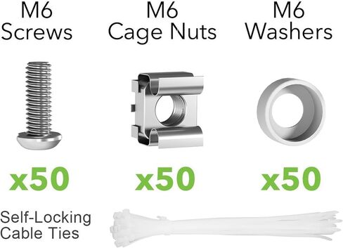 M6 x 16mm Rack Mount Cage Nuts, Screws and Washers - 50 Pack for Server Cabinets, Shelves, Routers - Self-Locking Cable Ties in Kuwait