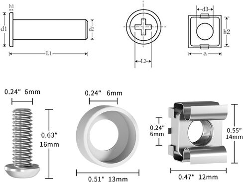 M6 x 16mm Rack Mount Cage Nuts, Screws and Washers - 50 Pack for Server Cabinets, Shelves, Routers - Self-Locking Cable Ties in Kuwait