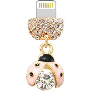 ELISE & FONDA CP505 منفذ شحن USB كريستال مضاد للغبار قابس ثلاثي الأبعاد صغير على شكل خنفساء لهاتف iPhone 13/12/11/ XS MAX/XR/X/8 Plus/7/6S/8/SE iPad iPod (وردي) in Kuwait