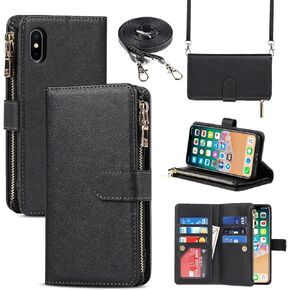 Jaorty for iPhone Xs Phone Case Wallet for Women with Credit Card Holder,for iPhone X Crossbody Case with Strap Shoulder Lanyard, Zipper Pocket PU Leather Cases for iPhone Xs,5.8 Inch Black