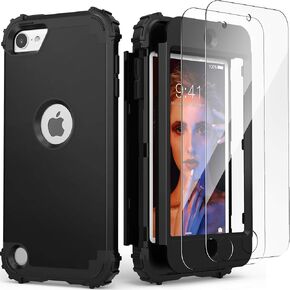 IDweel for iPod Touch 7th Generation Case with 2 Screen Protectors, Hybrid 3 in 1 Shockproof Slim Heavy Duty Hard PC Cover Soft Silicone Bumper Full Body Case for iPod Touch 5/6/7th Gen, Black in Kuwait
