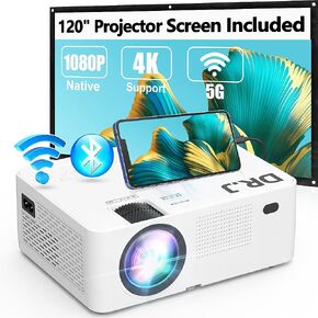جهاز عرض واي فاي 5G، جهاز عرض FHD اصلي 1080P 4K 9500 لومن مع شاشة عاكسة لاسلكية، متوافق مع عصا التلفزيون/HDMI/مشغل دي في دي/ايه في للافلام الداخلية والخارجية [معبأ بشاشة عرض 120 انش] in Kuwait