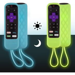 2 Pack Case for Roku Express/Streaming Stick/Premiere - Silicone Remote Cover for TCL Roku TV Remote Sleeve Skin Smart TV Remote Sleeve with Loop Protective Cover (Glow Blue + Pink not Glow)