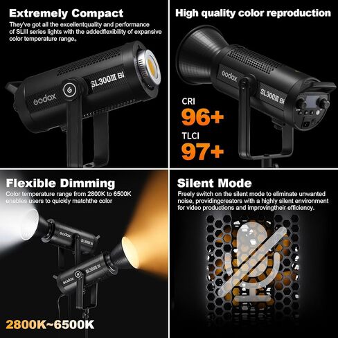 Godox SL300IIIBI إضاءة LED أحادية اللون مستمرة 330 واط 2800-6500 كيلو 90,500 لوكس لإنتاج الاستوديو والأفلام التلفزيونية in Kuwait