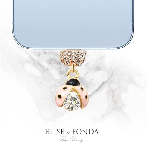 ELISE & FONDA CP505 USB Charging Port Crystal Anti Dust Plug 3D Tiny Ladybug Phone Charm for iPhone 13/12/11/ XS MAX/XR/X/8 Plus/7/6S/8/SE iPad iPod ( Pink ) in Saudi Arabia