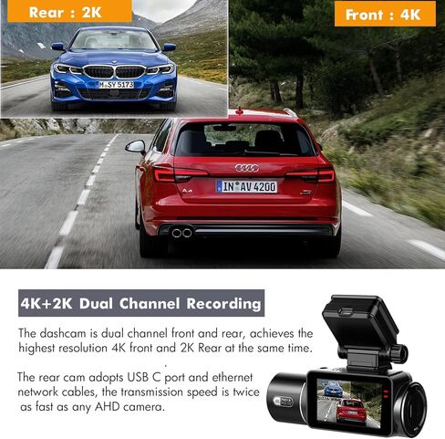GREVCEUX Dash Cam أمامية وخلفية 4K+2K، كاميرا داش ثنائية القناة للسيارات، بطاقة TF سعة 32 جيجابايت، شاشة IPS 2.2 بوصة، رؤية ليلية، زاوية واسعة 170 درجة، WDR، وضع انتظار 24 ساعة in Kuwait