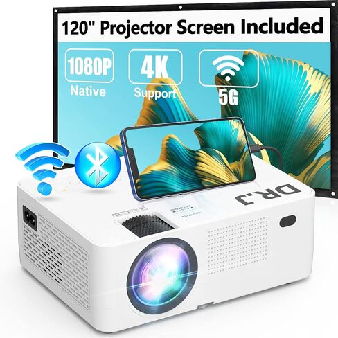 جهاز عرض واي فاي 5G، جهاز عرض FHD اصلي 1080P 4K 9500 لومن مع شاشة عاكسة لاسلكية، متوافق مع عصا التلفزيون/HDMI/مشغل دي في دي/ايه في للافلام الداخلية والخارجية [معبأ بشاشة عرض 120 انش] in Kuwait