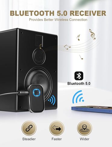 COMSOON AUX Bluetooth Adapter for Car, Bluetooth Car Stereo Digital Media Receivers for Home Stereo/Wired Headphones/Speakers, Noise Cancellation, 16H Battery Life (Elegant Black) in Kuwait