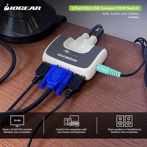 IOGEAR 2-Port USB VGA Miniview Micro Cabled KVM Switch - 2048 x 1536 - Hot Keys Switch - w/Audio - Plug n Play - PC, MAC, SUN - GCS632U in Kuwait