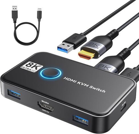 8K KVM Switch HDMI 2 Port Box，8K@60HZ USB and HDMI Switch for 2 Computers Share 1 HD Monitor Keyboard and Mouse, with 2 USB 3.0 and 2 HDMI Cables in Kuwait