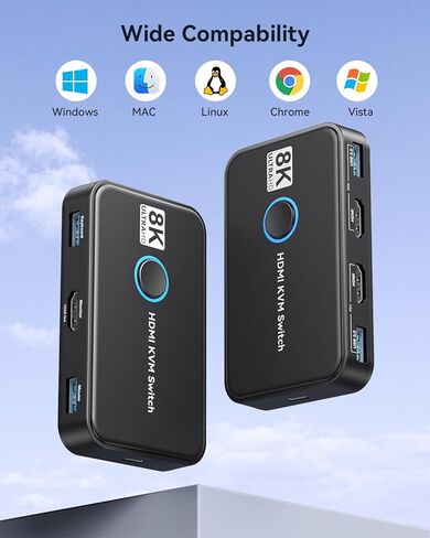 8K KVM Switch HDMI 2 Port Box，8K@60HZ USB and HDMI Switch for 2 Computers Share 1 HD Monitor Keyboard and Mouse, with 2 USB 3.0 and 2 HDMI Cables in Kuwait