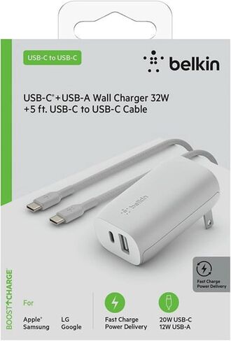 Belkin USB C Wall Charger 32W C to C Cable Included PD with 20W USB C & 12W USB A Ports for USB-C Power Delivery in Saudi Arabia