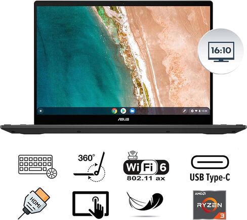 كمبيوتر محمول ASUS Chromebook بشاشة تعمل باللمس مقاس 14 بوصة 2 في 1 - Google Chromebook للبالغين - AMD Ryzen 3-7320C - لوحة مفاتيح بإضاءة خلفية - WiFi 6 - USB C (ذاكرة وصول عشوائي سعتها 8 جيجابايت | SSD سعة 128 جيجابايت + بطاقة SD سعة 256 جيجابايت) in Kuwait