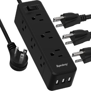 Power Strip with 6 Outlets (3 Side),3 USB Ports,SUPERDANNY Mini Desktop Charging Station with 5 Ft Extension Cord,Flat Plug,Overload Protection,Wall Mount,Compact Size for Home,Office,Travel,Black