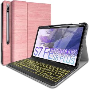 Backlit Keyboard Case for Samsung Galaxy Tab S8 Plus 2022/S7 FE 2021/S7 Plus 2020 12.4 inch with S Pen Holder, Wineecy 7 Colors Backlight Detachable Wireless Keyboard & PU Folio Stand Cover Case,Black