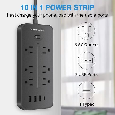 Power Strip Surge Protector with USB Type C Ports 6ft Extension Cord 6 AC Outlets Flat Plug Compact Overload Protection NANOLAKE Mountable Indoor FCC Listed in Saudi Arabia