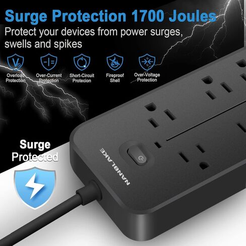 Power Strip Surge Protector with USB Type C Ports 6ft Extension Cord 6 AC Outlets Flat Plug Compact Overload Protection NANOLAKE Mountable Indoor FCC Listed in Saudi Arabia