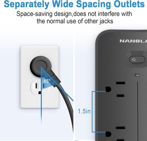 Power Strip Surge Protector with USB Type C Ports 6ft Extension Cord 6 AC Outlets Flat Plug Compact Overload Protection NANOLAKE Mountable Indoor FCC Listed in Saudi Arabia