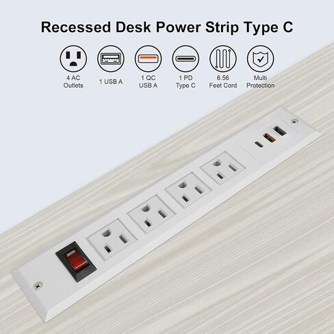 قطاع طاقة قابل للتركيب، قطاع طاقة مجوف مع منفذ USB 4، 2 USB حماية متعددة مدمجة في طاولة عمل مضادة للكمبيوتر الشخصي والأجهزة الكهربائية المنزلية ETL المدرجة (أسود) in Kuwait