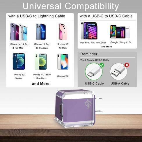 USB C Charger Block 20W PD 3.0 Durable Compact Fast Charging Compat with iPhone 14/14 Pro/14 Pro Max/13/13 Mini/13 Pro/13 Pro Max/12/SE/12 Mini, iPad Pro, iPad Air, iPad Mini, No Cable, Deep Purple in Saudi Arabia