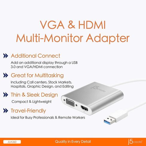 j5create USB to HDMI VGA Multi-Monitor Adapter - Supports Resolutions up to 2048 x 1152 - Compatible with Windows and Mac with USB Type-A 3.0 Port (JUA360) in Saudi Arabia