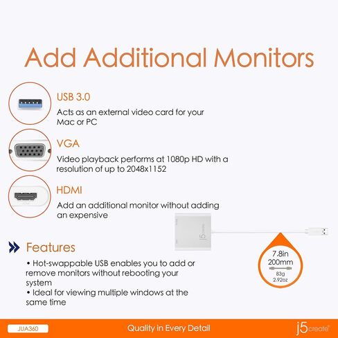 j5create USB to HDMI VGA Multi-Monitor Adapter - Supports Resolutions up to 2048 x 1152 - Compatible with Windows and Mac with USB Type-A 3.0 Port (JUA360) in Saudi Arabia