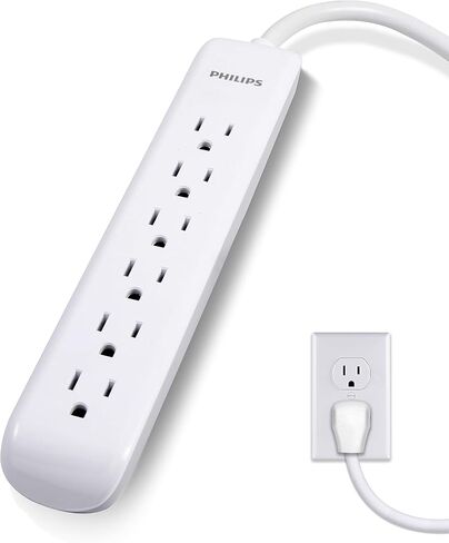 Philips 6-Outlet Surge Protector, 10 Ft Extension Cord, Power Strip, 1080 Joules, Flat Plug, Wall Mount, Perfect for Office or Home Décor, ETL Listed, Black, SPP6110BC/37 in Kuwait