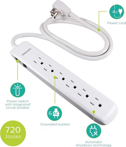 Philips 6-Outlet Surge Protector, 10 Ft Extension Cord, Power Strip, 1080 Joules, Flat Plug, Wall Mount, Perfect for Office or Home Décor, ETL Listed, Black, SPP6110BC/37 in Kuwait
