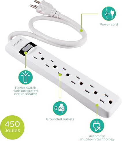واقي التيار المفاجئ من فيليبس، 6 منافذ، سلك تمديد 10 قدم، شريط طاقة، 1080 جول، قابس مسطح، مثبت على الحائط، مثالي لديكور المكتب أو المنزل، مدرج في قائمة ETL، أسود، SPP6110BC/37 in Kuwait