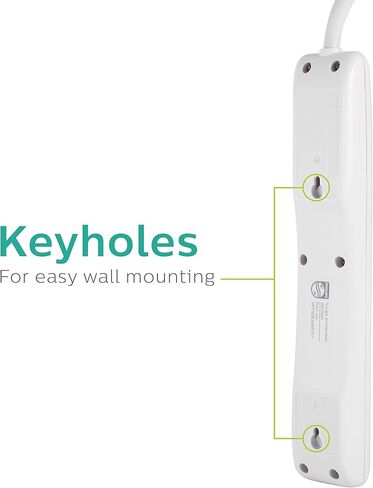 واقي التيار المفاجئ من فيليبس، 6 منافذ، سلك تمديد 10 قدم، شريط طاقة، 1080 جول، قابس مسطح، مثبت على الحائط، مثالي لديكور المكتب أو المنزل، مدرج في قائمة ETL، أسود، SPP6110BC/37 in Kuwait