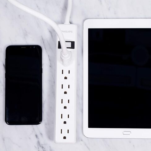 واقي التيار المفاجئ من فيليبس، 6 منافذ، سلك تمديد 10 قدم، شريط طاقة، 1080 جول، قابس مسطح، مثبت على الحائط، مثالي لديكور المكتب أو المنزل، مدرج في قائمة ETL، أسود، SPP6110BC/37 in Kuwait