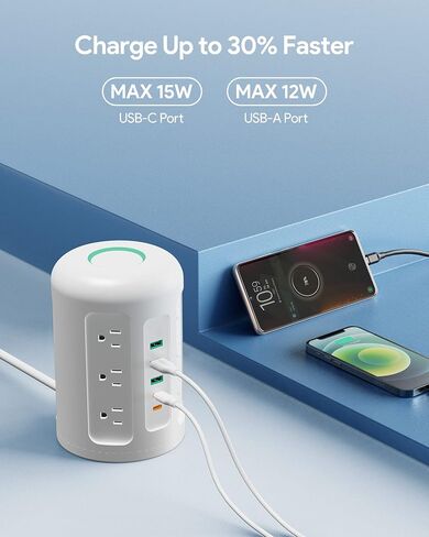 برج قطاع طاقة USB C بقدرة 20 وات مع 12 منفذ تيار متردد، وحاميات زيادة التيار 1500J، ومحطة شحن لسلسلة iPhone 14/13، وسلك تمديد بطول 5 أقدام مع منافذ متعددة لغرف النوم، وأساسيات المنزل/المكتب، أسود in Saudi Arabia