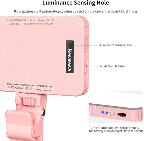 Newmowa Black Rechargeable Selfie Light - Portable Clip Video Light for Phone/Laptop/Camera with Smart Light Sensor,3 Light Mode,2000mAh Battery Phone Light for Selfie/Makeup/Video Conference/TikTok in Saudi Arabia