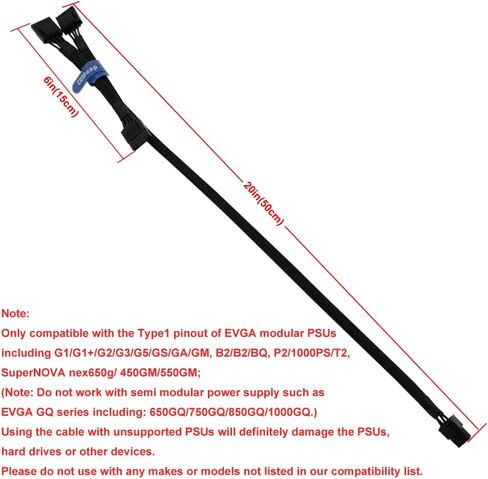 COMeap SATA Power Cable for EVGA PSUs, 6 Pin to 3X 15 Pin SATA Hard Drive Adapter Sleeved Splitter for Some Specific Types of EVGA Power Supply 20-in(50cm) in Kuwait