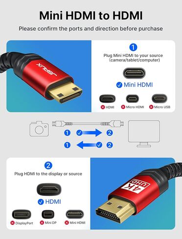 JSAUX Mini HDMI to HDMI Cable 6FT, [Mini HDMI][Aluminum Shell, Braided] High Speed 4K 60Hz HDMI 2.0 Cord, Compatible with Camera, Camcorder, Tablet and Graphics/Video Card, Laptop, Raspberry Pi Zero W in Kuwait