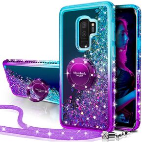 Silverback for Galaxy S9 Case, Moving Liquid Holographic Sparkle Glitter Case with Kickstand, Bling Diamond Rhinestone Ring Slim Protective Girls Women Case for Samsung Galaxy S9 - Clear Gold