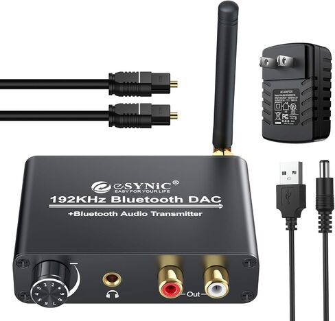 eSynic 192 كيلو هرتز DAC محول صوت رقمي إلى تناظري مع جهاز إرسال بلوتوث V5.0 يدعم AptX وصوت رقمي محوري بصري منخفض الكمون إلى تناظري L/R RCA 3.5 مم للتلفزيون ومكبر صوت سماعة رأس بلوتوث in Saudi Arabia